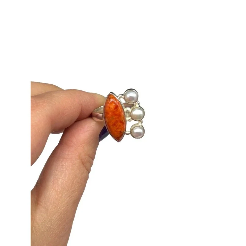 Orange Mohave Turquoise & Freshwater Pearl Ring Size 6.5 925 Sterling Silver